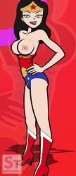 black_hair breasts clothed clothing dc_comics female female_only flat_colors hand_on_hip human looking_aside nipples pale_skin side_view simtoonz solo standing tagme wonder_woman wonder_woman_(series)