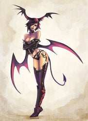 beige_skin breasts cleavage closed_mouth clothes color crossed_arms female female_only footwear gaia_online hair hair_over_one_eye head_wings open_eyes purple_hair radio_jack red_eyes rule_63 shoes short_hair solo spade_tail succubus succubus_tail succubus_wings tail tattoo wings