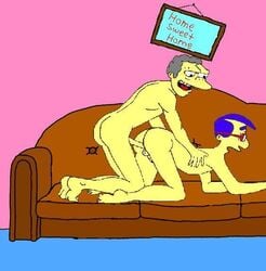 2boys age_difference anal anal_penetration anal_sex blue_hair boy_rape cartoony color doggy_style erection flaccid_while_penetrated gay glasses gray_hair human indoors male male_only milhouse_van_houten moe_szyslak multiple_males multiple_penises nude older_dom_younger_sub older_man_and_younger_boy older_penetrating_younger on_couch open_mouth penis penis_size_difference sex side_view size_difference small_penis the_simpsons thin_penis yaoi