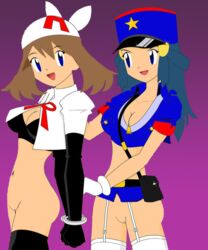 alternate_bandana_color cosplay dawn_(pokemon) enemy_conversion female female_only human human_only may_(pokemon) multiple_females multiple_girls nintendo officer_jenny_(pokemon)_(cosplay) pokemon team_rocket team_rocket_bandana white_bandana yuri