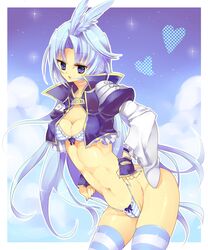 blue_eyes blue_hair bow bow_bra bow_panties bra breasts cameltoe cleavage female female_kuja final_fantasy final_fantasy_ix fingerless_gloves gloves heart highres jiz kuja lingerie long_hair midriff navel open_mouth panties panty_pull rule_63 self_wedgie side-tie_panties smile solo striped striped_bra striped_panties thighhighs underwear very_long_hair wedgie