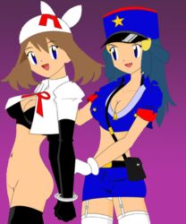 2girls alternate_bandana_color bondage bound_wrists breasts cleavage corruption cosplay dawn_(pokemon) enemy_conversion female female_only femdom femsub handcuffs human human_only may_(pokemon) multiple_girls nintendo no_panties officer_jenny_(pokemon)_(cosplay) pokemon restrained team_rocket team_rocket_bandana white_bandana yuri