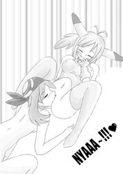 2girls bandana bandana_only cosplay cunnilingus human human_only kasumi_(pokemon) may_(pokemon) monochrome nintendo nude pikachu_(cosplay) pokemon pokemon_(cosplay) sketch text useless_clothing yuri