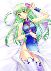 1girls asano_(asano_peachpink) asano_akira bare_shoulders bed blush breasts c.c. china_dress chinese_clothes code_geass dress fan female green_hair hair_ornament leg_slit long_hair lying mound_of_venus no_panties no_pussy side_slit smile solo thighhighs yellow_eyes