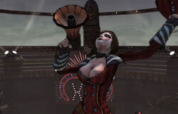 black_nails blush_makeup borderlands breasts brown_hair carnival cleavage eyeshadow face_paint hair hat large_breasts mad_moxxi makeup megaphone nipple_slip photoshop red_jacket tattoo top_hat