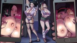 2girls alley between_breasts breasts camie_utsushimi condom_strip favorite huge_breasts microskirt momo_yaoyorozu multiple_girls my_hero_academia night no_panties paizuri phone phone_screen photo pleated_skirt prostitute prostitution shiketsu_high_school_cap shounen_jump stevechopz