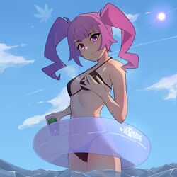 bikini bikini_bottom black_bikini cleavage flat_chest in_water otachan otakuvs partially_clothed pigtails purple_eyes purple_hair sideboob small_breasts the_otachan_show