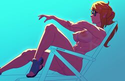 abs big_breasts blonde_hair blue_eyes breasts chair female light_skin metroid metroid_dread muscular_female naked naked_footwear naked_with_shoes_on nintendo nipples nude playzholder ponytail samus_aran simple_background tanline tinted_eyewear