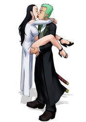 1boy 1girls black_hair closed_eyes clothed clothed_sex dress female formal_wear green_hair high_heels just_married kissing male nico_robin one_piece roronoa_zoro sex sketchlanza stand_and_carry_position standing_sex straight tagme