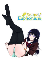 1girls ass ass_focus blouse blush clothing feet feet_up female female_only hibike!_euphonium kousaka_reina laying_down long_hair panties pantyhose pantyshot purple_eyes purple_hair school_uniform solo tagme