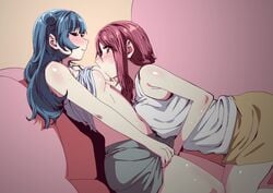 2girls absurdres blue_hair blush breast_grab breast_press breast_sucking breasts clothes_lift ecoman from_side grabbing grey_skirt hair_bun highres implied_fingering kneeling long_hair love_live! love_live!_sunshine!! medium_breasts multiple_girls navel red_hair sakurauchi_riko shirt shirt_lift sitting skirt sleeveless sleeveless_shirt tank_top tears tsushima_yoshiko white_shirt yellow_skirt yuri