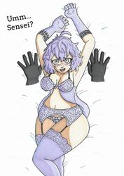 1girls bernadetta_von_varley brownpidgeon english_text fire_emblem fire_emblem:_three_houses garter_belt gloves grey_eyes lingerie medium_breasts nightgown nintendo on_back on_bed purple_hair short_hair stockings text thick_thighs