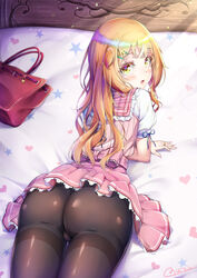 1boy 2021 :o artist_name ass bag bare_arms bed bed_sheet bedroom big_ass blonde_hair blush bulge clothed clothing crossdressing dress eyebrows_visible_through_hair femboy hair_ornament hairclip handbag heart heart_print highres indoors looking_at_viewer looking_back lying male male_only natsusora_wakana nobady on_bed on_stomach open_mouth original pantyhose pink_clothing puffy_short_sleeves puffy_sleeves ring signature solo star star_hair_ornament star_print sunlight thighband_pantyhose thighs tongue trap yellow_eyes