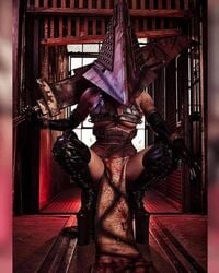 arm_gloves big_breasts cosplay female female_focus female_only high_heels horror jessica_nigri kneeling knife nightmare_waifu pyramid_head pyramid_head_(cosplay) rule_63 silent_hill solo_female thighhighs