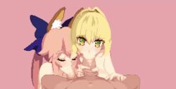 1boy 2girls ahe_gao animated big_penis blowjob climax cock_worship collaborative_fellatio fate/grand_order fate_(series) fellatio female fox fox_ears gif green_eyes handjob kunabishi male multiple_girls nero_claudius_(fate) oral penis pixel_art spread_legs sucking_balls sucking_testicles tamamo_no_mae_(fate) teamwork yellow_hair