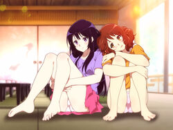 2girls ass barefoot blush clothing female female_only grabbing_legs happy hibike!_euphonium kousaka_reina leaning_on_shoulders long_hair looking_at_viewer oumae_kumiko panties pantyshot purple_eyes purple_hair sitting skirt skirt_lift smile tagme yuri