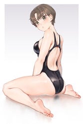 armpit_crease ass back back_cutout bangs bare_arms bare_shoulders barefoot black_swimsuit breasts brown_eyes brown_hair clothing_cutout competition_swimsuit fangxiang_cuoluan female highres large_breasts looking_at_viewer looking_back one-piece_swimsuit original parted_bangs parted_lips short_hair simple_background sitting solo swimsuit thighs very_short_hair wariza white_background