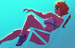 abs big_breasts blonde_hair blue_eyes bra chair light_skin metroid metroid_dread muscular_female nintendo playzholder ponytail samus_aran simple_background swimsuit tinted_eyewear