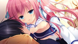 bed blue_eyes blush breasts circus_(studio) da_capo da_capo_iii eyeless_male female from_below game_cg medium_breasts mikoto_(da_capo_iii) nipples open_clothes pink_hair school_uniform takano_yuki_(allegro_mistic) uncensored