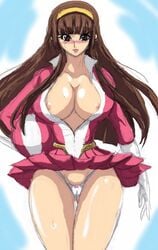 1girls 2018 areolae big_breasts blush breasts brown_eyes brown_hair cleavage exposed_breasts female helmet human kei_(pixiv618819) large_breasts light-skinned_female light_skin long_hair mazinger mazinger_z nipples panties pilot_suit sayaka_yumi skirt skirt_lift solo thick_thighs wide_hips