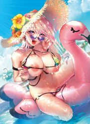 between_breasts bikini bikini_aside bikini_lift bikini_pull bird blonde_hair breast_press breast_squeeze breasts clothes_lift clothes_pull comic_kairakuten_beast female flamingo floating floating_object hat highres innertube large_breasts looking_at_viewer naughty_face navel nipples oerba_yun_fang open_mouth original partially_undressed pyon-kichi spread_legs straddling sun_hat sunlight swimsuit thighs tongue tongue_out undersized_clothes wet wet_clothes wet_swimsuit