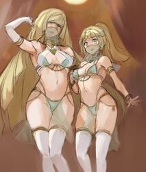 2girls alternate_costume arabian_clothes belly_dancer_outfit blonde_hair dancer daughter female female_only harem_outfit human jewelry lillie_(pokemon) long_hair lusamine_(pokemon) milf mother mother_and_daughter mouth_veil panties pokemon pokemon_sm ponytail see-through sketch terufuu thighhighs veil wip