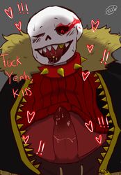 black_jacket blowjob ectobody ectopenis fur_coat glowing_eyes golden_teeth long_tongue male_only one_eye_closed pierced_genitals pierced_penis piercing precum red_eyes sans sans_(underfell) sharp_teeth tongue_out tongue_piercing underfell underfell_sans undertale undertale_au