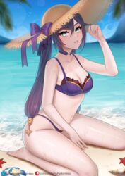 1girls alternate_costume aqua_eyes beach bikini breasts female genshin_impact hat helloimtea light_skin lipstick long_hair looking_at_viewer mona_(genshin_impact) ocean on_knees outdoors outside purple_hair sand solo swimsuit twintails water