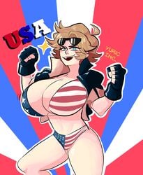 4th_of_july american_flag american_flag_bikini blonde_hair blue_eyes country_inc_(yuric_inc) dirty_blonde_hair eyewear_on_head gloves huge_breasts jacket pinup sunglasses_on_head usa_(yuric_inc) yuric_inc