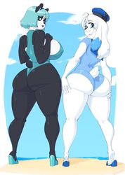 2girls anthro ass back_view beach belinda_(skecchiart) big_breasts black_fur black_nose blue_eyes caprine curvaceous dat_ass female female_only full_body green_eyes green_hair hat hi_res long_hair looking_at_viewer looking_back medium_hair panda panda_ears sacha_lalaine_(aceymari) sandals sea sheep sheep_ears short_tail sideboob skecchiart swimsuit thick_thighs ursine white_fur white_hair wide_hips