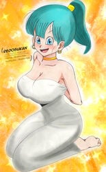 artist_name blue_eyes blue_hair blush breasts bulma_briefs copyright_name dragon_ball dragon_ball_super dragon_ball_z dress feet high_resolution highres looking_at_viewer redosukan smile sole_female soles tied_hair tied_hands tied_up