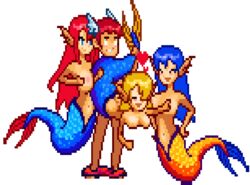 animal_ears blonde_hair blue_hair foursome foxy_rain_(foxyreine) foxyrain_(foxyreine) foxyreine magical_waifus_academy mermaid monster_girl pixel_art red_hair tagme tail transparent_background wataponno