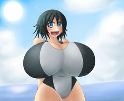 1girls animal_humanoid black_hair blue_eyes borrowed_character breasts cetacean cetacean_humanoid cora_(the_english_gent) gigantic_breasts hair huge_breasts humanoid jcdr marine marine_humanoid massive_breasts one-piece_swimsuit orca orca_humanoid short_hair swimsuit tagme