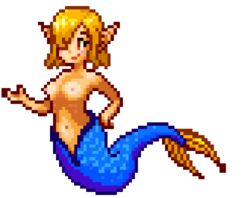 blonde_hair foxy_rain_(foxyreine) foxyrain_(foxyreine) foxyreine magical_waifus_academy mermaid monster_girl orange_hair pixel_art pointy_ears red_eyes tagme tail topless transparent_background wataponno