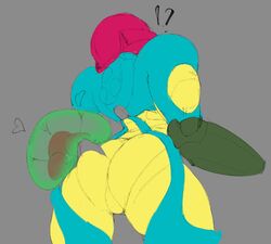 1girls 1monster 2021 arched_back arm_cannon armor ass ass_grab baby_(metroid) big_ass biting biting_ass blue_armor female fusion_suit grey_background heart helmet highres metroid metroid_(creature) metroid_fusion monster nintendo power_armor power_suit samus_aran shoulder_armor simple_background standing surprised thighs weapon wyvernn