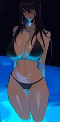 1girls bikini black_hair ennuigrl erato_(ennuigrl) female female_only in_water long_hair looking_away pool red_eyes slit_pupils solo solo_female thigh_gap very_high_resolution