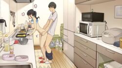 1boy ^^^ black_hair bottle bottomless bowl brown_hair cooking female food frying_pan indoors kitchen microwave multitasking original ponytail red_footwear sex sex_from_behind short_hair standing standing_sex straight torso_grab wakamatsu372 white_footwear