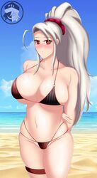 1girls beach big_breasts bikini bikini_top blush brown_bikini hands_behind_back long_hair looking_at_viewer maria_(metal_slug) metal_slug metal_slug_attack ponytail red_bikini red_eyes silver_hair small_bikini snk solo_female solo_focus summer the_perkalx92 thick_thighs thigh_strap