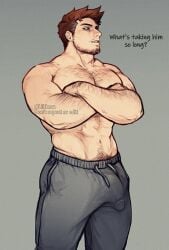 1boy dilf endeavor_(my_hero_academia) enji_todoroki liltkeva male male_focus male_only mature mature_male muscular muscular_male my_hero_academia penis_outline penis_under_clothes penis_visible_through_pants red_hair solo sweatpants tight_clothing