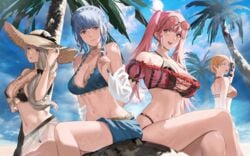 4girls alternate_costume back bangs bikini black_bikini black_swimsuit blonde_hair blue_bikini blue_eyes blue_hair blue_swimsuit breasts brown_eyes cleavage crossed_legs eyewear_on_head female_only fingerless_gloves fire_emblem fire_emblem:_three_houses fire_emblem_heroes from_below gloves hair_over_shoulder hartman_hips hat highres hilda_valentine_goneril hilda_valentine_goneril_(summer) j@ck large_breasts leonie_pinelli leonie_pinelli_(summer) light_blue_hair long_hair marianne_von_edmund marianne_von_edmund_(summer) medium_breasts medium_hair mercedes_von_martritz mercedes_von_martritz_(summer) multiple_girls nintendo off-shoulder_bikini off_shoulder open_mouth open_smile orange_bikini orange_eyes orange_hair orange_swimsuit palm_tree pink_bikini pink_eyes pink_hair pink_swimsuit sarong see-through short_hair sideboob sitting smile sun_hat sunglasses swimsuit tree twintails underboob wet