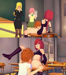 1boy 3d 3girls classroom cunnilingus cunnilingus_through_clothes koikatsu kurosaki_mea momo_velia_deviluke pleasure_face shocked shocked_expression tearju_lunatique to_love-ru to_love-ru_darkness watching yuuki_rito