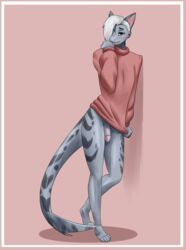 absurd_res anthro blush clothing cute_expression femboy fish genitals girly hair hellanoided hi_res looking_at_viewer male marine penis shark shy solo standing sweater topwear tugging_clothing white_hair