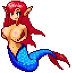 blue_eyes foxy_rain_(foxyreine) foxyrain_(foxyreine) foxyreine magical_waifus_academy mermaid monster_girl pixel_art red_hair tagme tail topless transparent_background wataponno