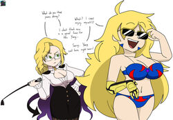 2girls alternate_costume bikini blonde_hair breasts clothed clothing dez-a-sketch female glasses glynda_goodwitch green_eyes lipstick open_mouth possession riding_crop rooster_teeth rwby sunglasses text the_disciplinarian_(rwby) tinted_eyewear white_background white_skin yang_xiao_long