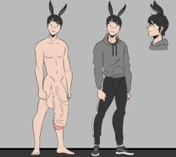 1boy athletic athletic_male balls black_clothing black_hair black_pants bunny_boy bunny_ears clothed clothed/nude clothing dynamic-atom dynamic_arts fit fit_male footwear foreskin front_view full_body grey_background grey_clothing grey_hoodie grey_theme hanging_penis hip_bones hip_lines hoodie huge_cock human human_only hyper hyper_balls hyper_penis kemonomimi lagomorph large_penis long_penis male male_focus male_only naked nude oscar_bunni partially_retracted_foreskin pecs penis penis_longer_than_knee penis_to_the_knees plain_background rabbit_ears short_hair short_hair_male shoulders sneakers solo solo_focus standing thick_penis toned toned_male track_pants uncircumcised vein veiny_penis very_long_penis