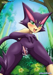 1girls anthro anus ass blush furry green_eyes looking_back open_mouth outside pokémon_(species) pokemon pokemon_bw pokepornlive purrloin pussy solo tail