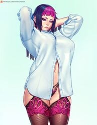 1girls alternate_costume big_breasts breasts cleavage female female_only hands_behind_head juri_han large_breasts panties shirt solo street_fighter thick_thighs thighhighs xxnikichenxx