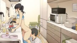 1boy 1girls ^^^ black_hair bottle bowl breasts brown_hair cooking cunnilingus female food frying_pan indoors kitchen medium_breasts microwave multitasking nipples oral original ponytail short_hair standing straight sweat wakamatsu372