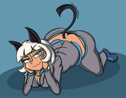 1girls 2021 ass ass_cleavage baron_vee blue_eyes butt_crack cat_humanoid collar dark_skin digital_media_(artwork) feline feline_humanoid female half-closed_eyes nadia_fortune raised_tail signature skullgirls smile smirk solo suit tail thong top-down_bottom-up wristwatch