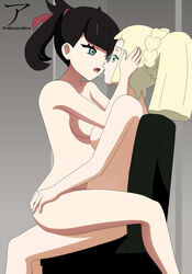 2girls arekusanderu black_hair blonde_hair female green_eyes lillie_(pokemon) looking_at_each_other marnie_(pokemon) multiple_girls naked nintendo nude open_mouth pokemon pokemon_sm pokemon_ss saliva saliva_string short_hair sideboob sitting sitting_on_chair sitting_on_lap white_skin yuri